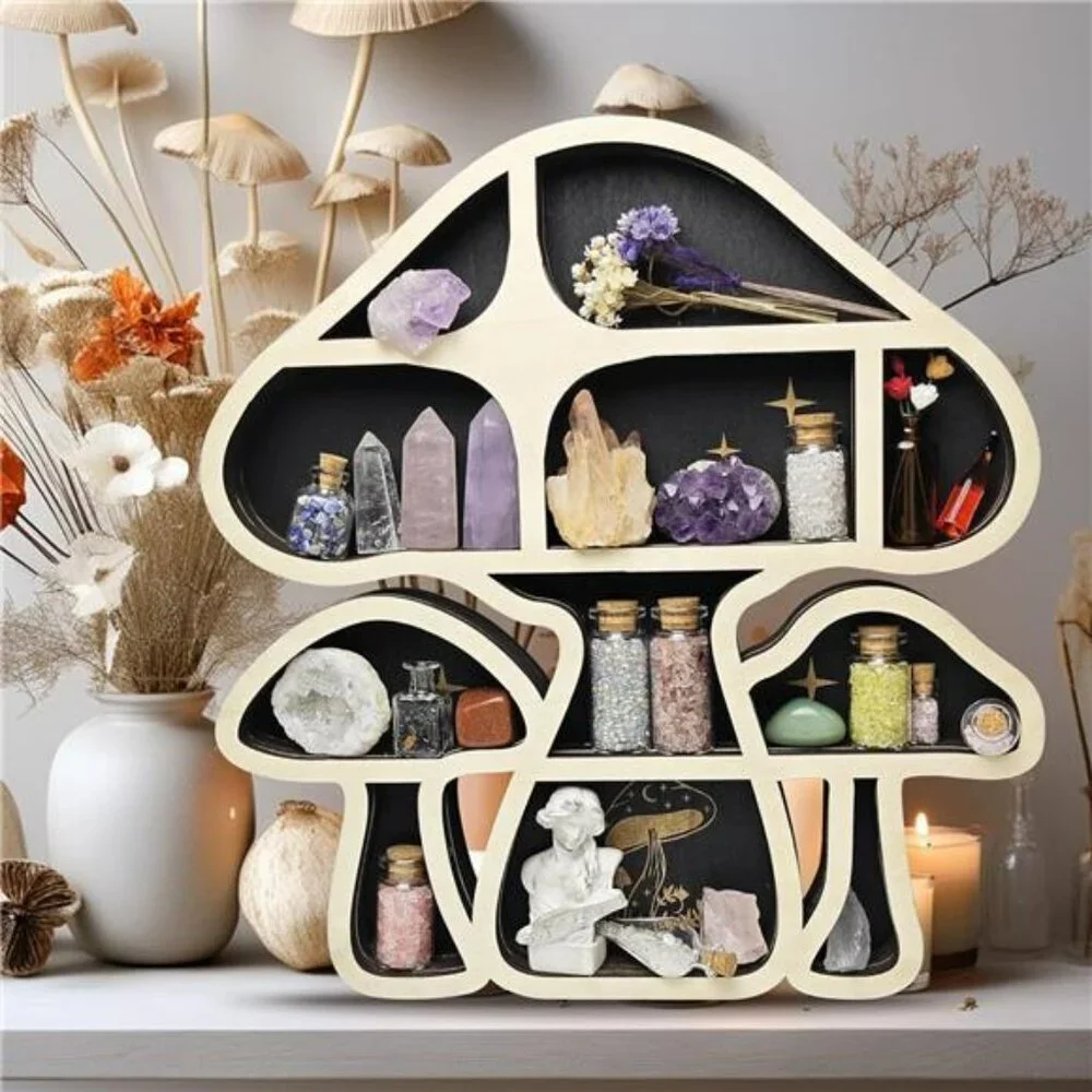 Wooden Mushroom Floating Shelf Crystal Display Wall Hanging Organizer for Decor
